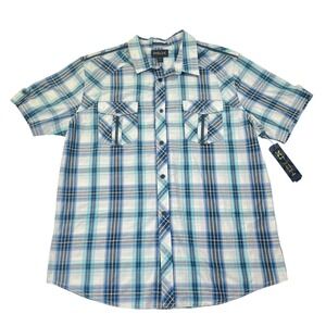 NWT Helix Short Sleeve Button Down Shirt Mens XXL Blue Plaid Athletic Fit Casual
